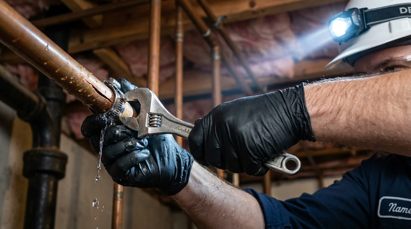 Emergency pipe clamp repair being performed by a Johns Plumbing LLC plumber in Huachuca City