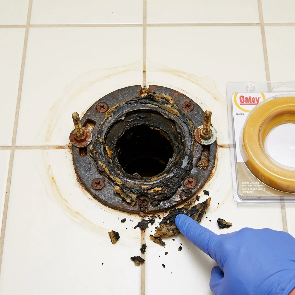 Failed wax ring showing water seepage at the base of a toilet in a Huachuca City, AZ home