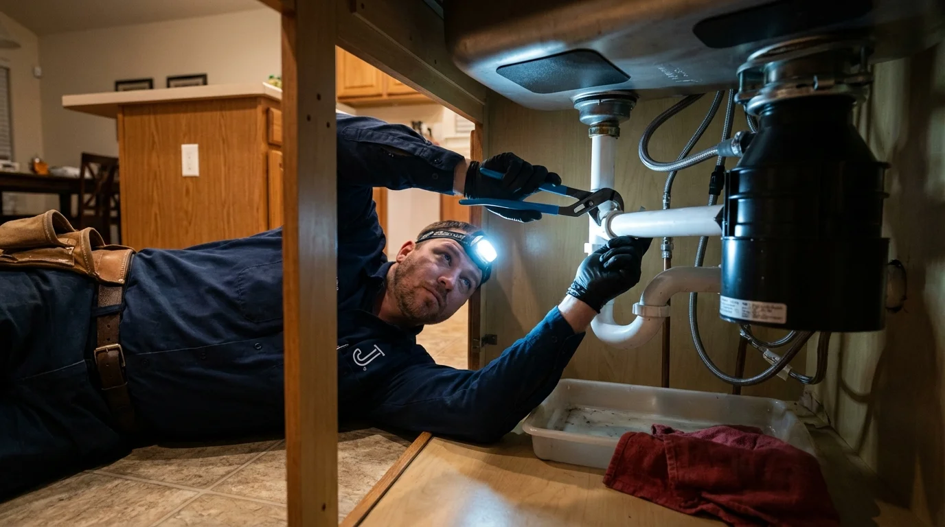 P-trap and supply line connections under a kitchen sink showing a common leak point in Huachuca City, AZ